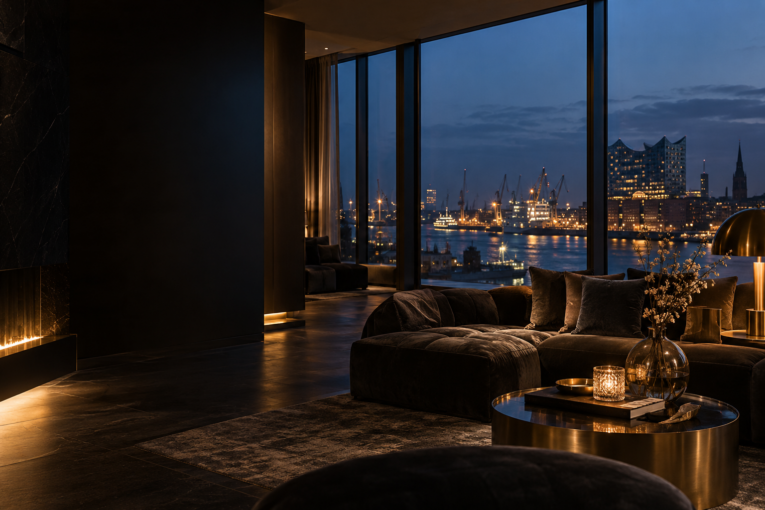 Elegante Lounge mit Blick auf den Hamburger Hafen am Abend